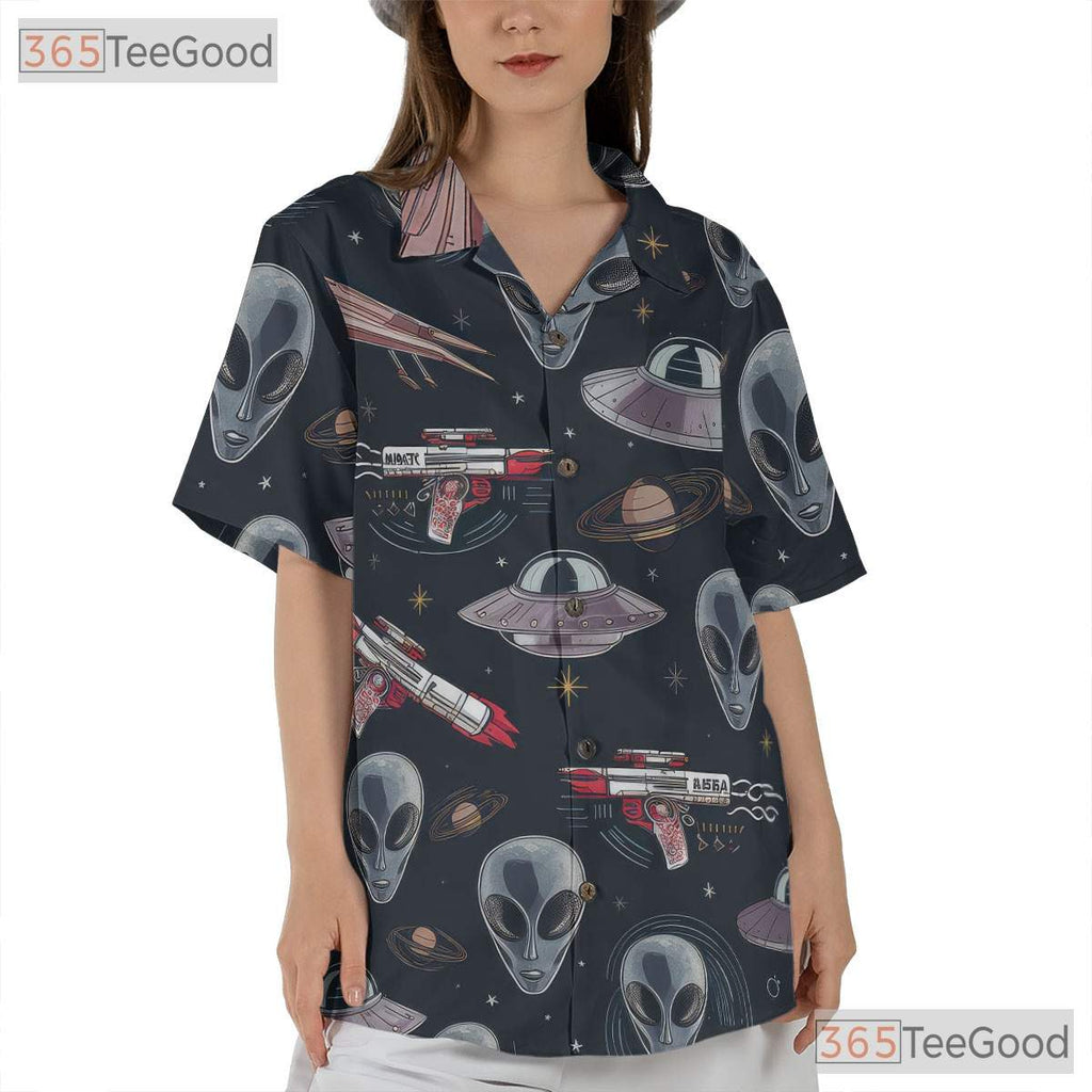 Retro Alien UFO Hawaiian Shirt for Adults - Sci-Fi Cosmic Vacation Style