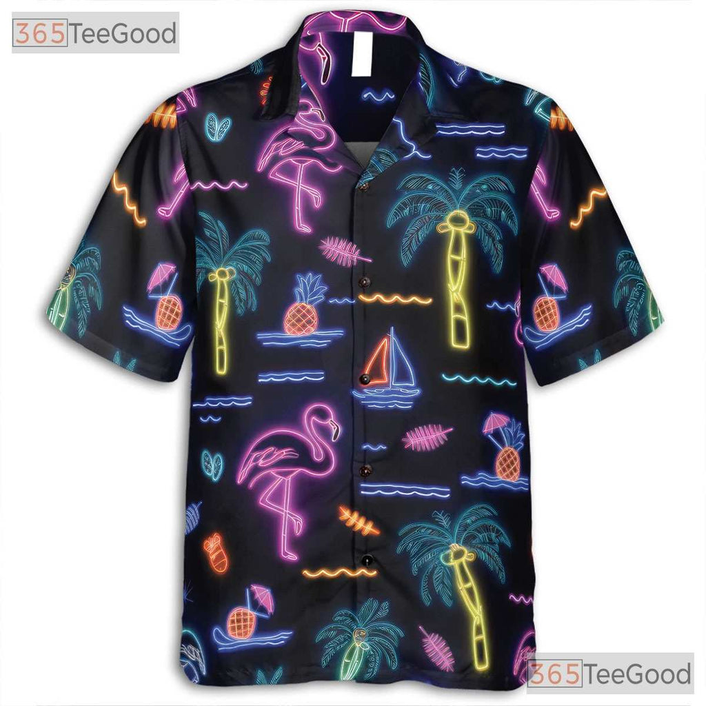 Retro Beach Aloha Vibe Tropical Neon Flamingo Hawaiian Shirt Unisex Outfit Top