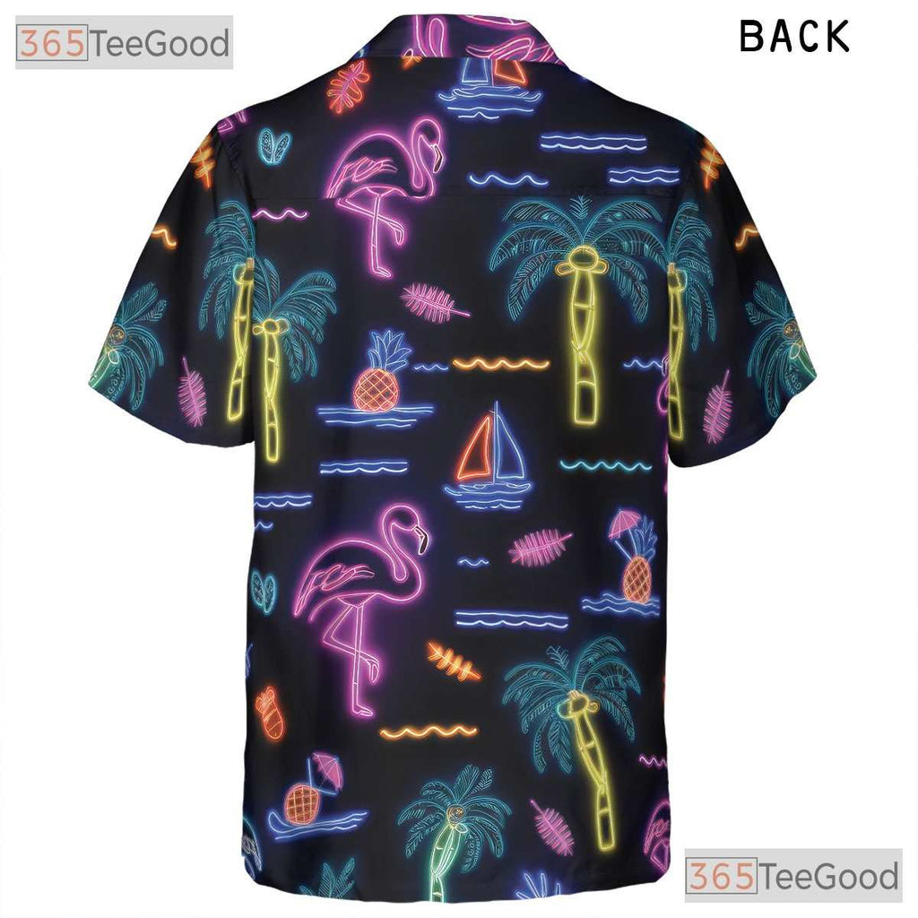 Retro Beach Aloha Vibe Tropical Neon Flamingo Hawaiian Shirt Unisex Outfit Top