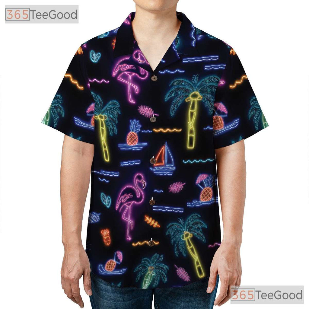 Retro Beach Aloha Vibe Tropical Neon Flamingo Hawaiian Shirt Unisex Outfit Top