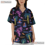 Retro Beach Aloha Vibe Tropical Neon Flamingo Hawaiian Shirt Unisex Outfit Top