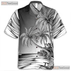 Retro Black White Palm Trees Waves Sketch Hawaiian Tee Unisex Vacation Top