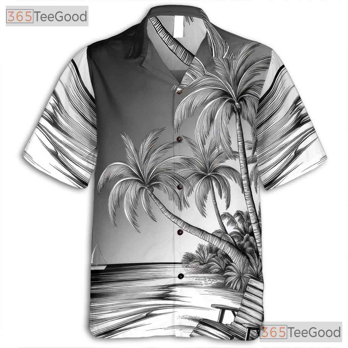 Retro Black White Palm Trees Waves Sketch Hawaiian Tee Unisex Vacation Top