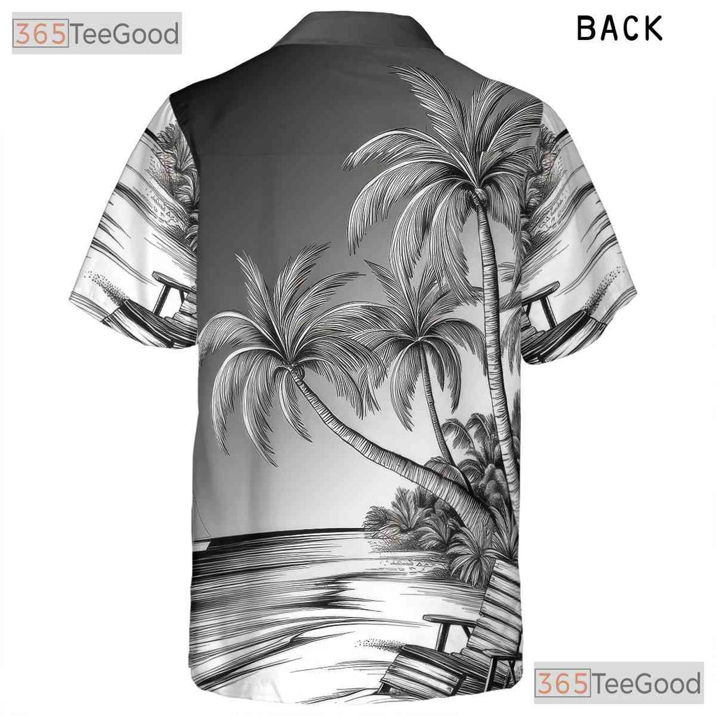 Retro Black White Palm Trees Waves Sketch Hawaiian Tee Unisex Vacation Top