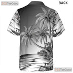 Retro Black White Palm Trees Waves Sketch Hawaiian Tee Unisex Vacation Top
