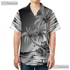 Retro Black White Palm Trees Waves Sketch Hawaiian Tee Unisex Vacation Top