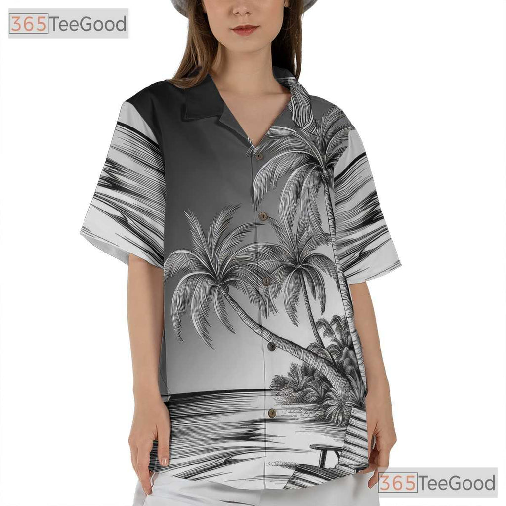 Retro Black White Palm Trees Waves Sketch Hawaiian Tee Unisex Vacation Top