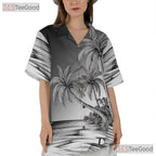 Retro Black White Palm Trees Waves Sketch Hawaiian Tee Unisex Vacation Top