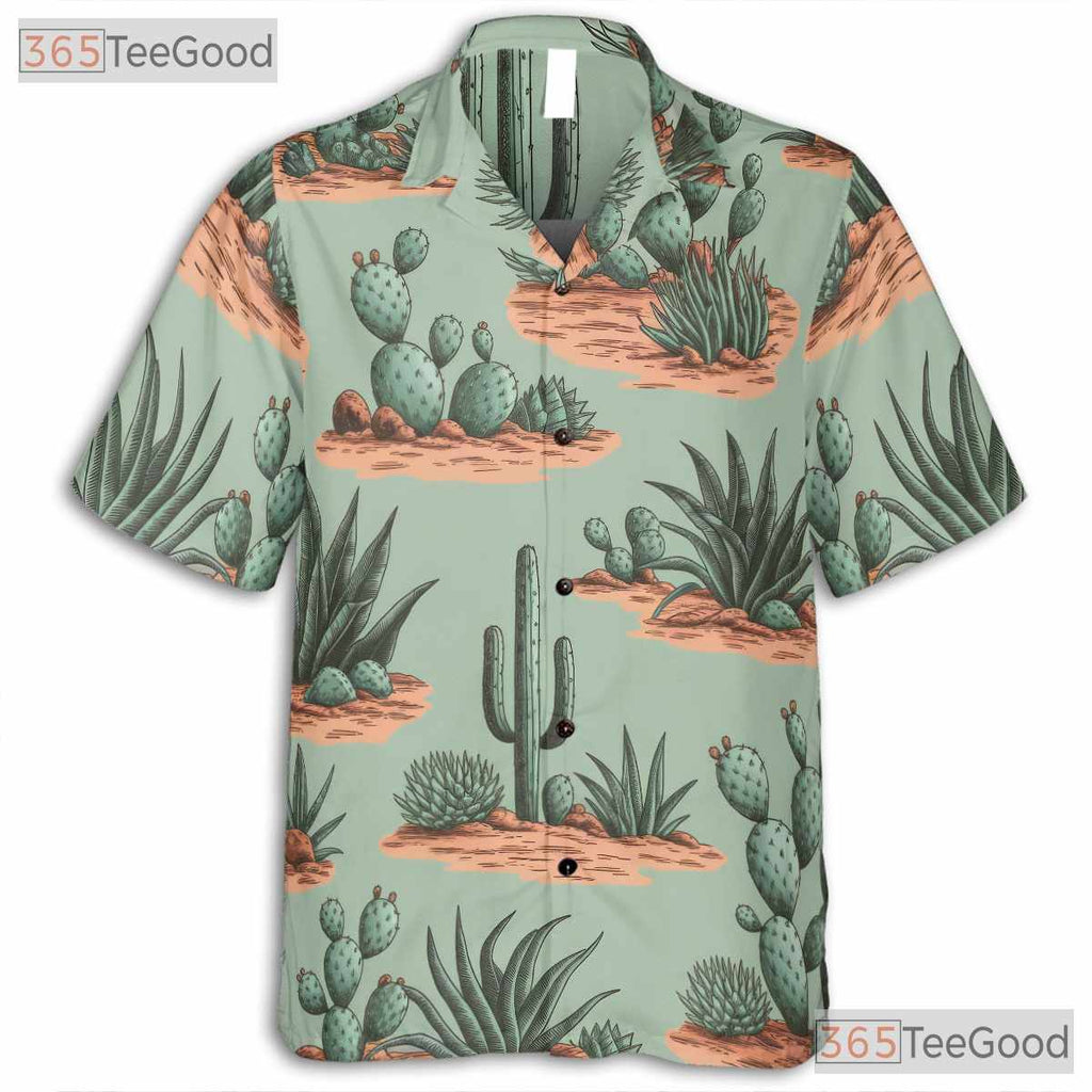 Retro Desert Cactus Hawaiian Shirt- Unisex Green Botanical Tropical Aloha Top