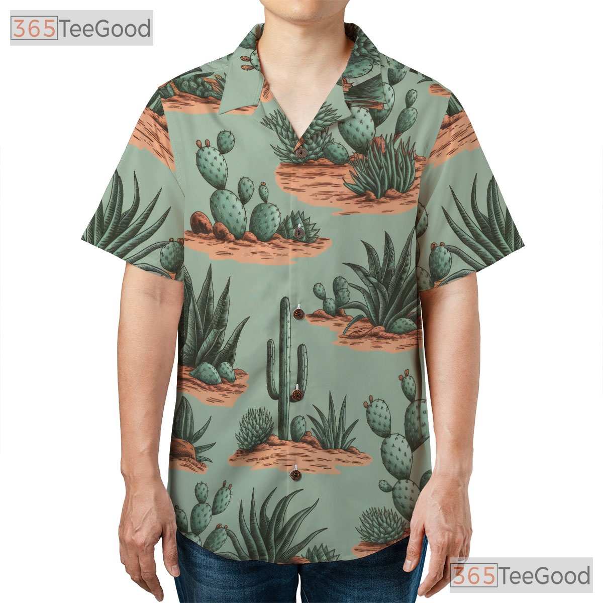 Retro Desert Cactus Hawaiian Shirt- Unisex Green Botanical Tropical Aloha Top