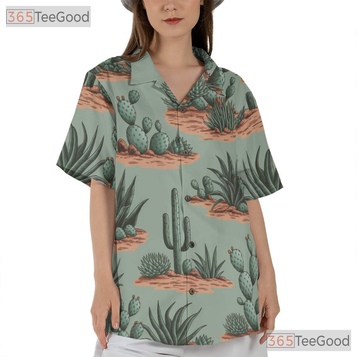 Retro Desert Cactus Hawaiian Shirt- Unisex Green Botanical Tropical Aloha Top