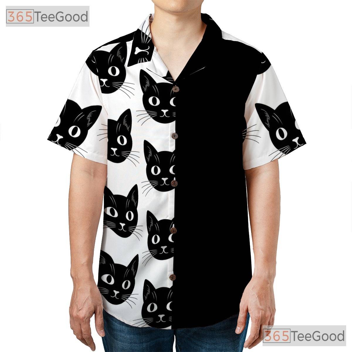 Retro Gothic Black Cat Hawaiian Tee- Unisex Aesthetic Peeking Face Art Top