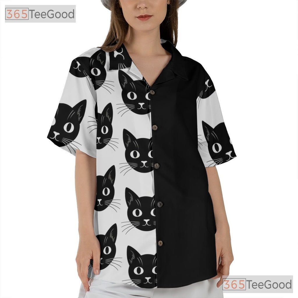 Retro Gothic Black Cat Hawaiian Tee- Unisex Aesthetic Peeking Face Art Top