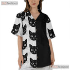 Retro Gothic Black Cat Hawaiian Tee- Unisex Aesthetic Peeking Face Art Top