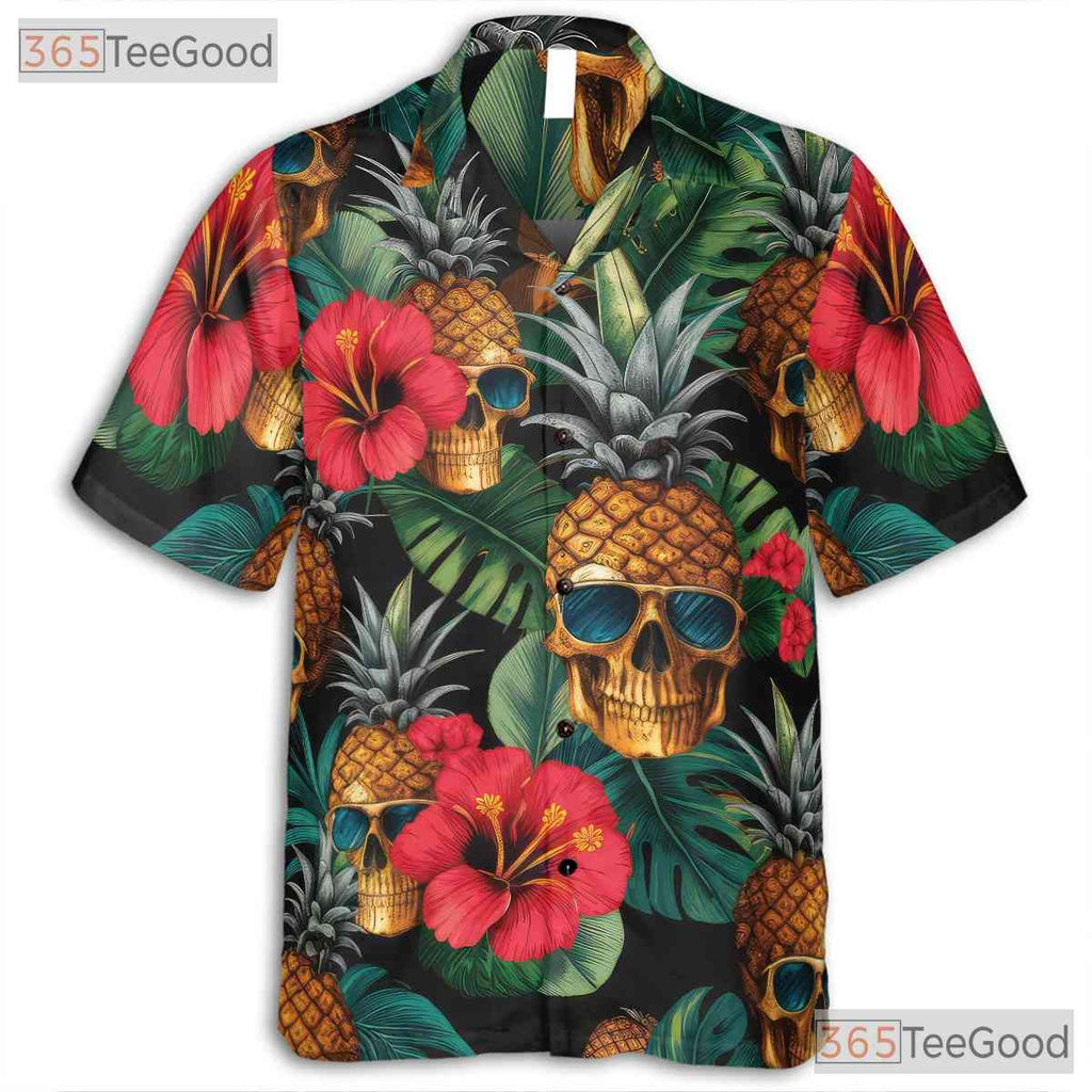 Retro Gothic Pineapple Skull Floral Tropical Aloha Hawaiian Shirt Unisex