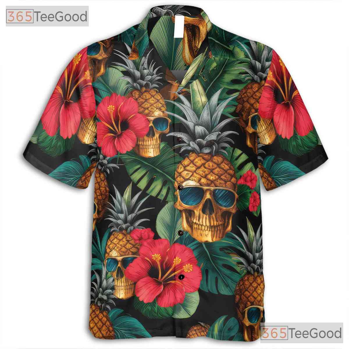 Retro Gothic Pineapple Skull Floral Tropical Aloha Hawaiian Shirt Unisex