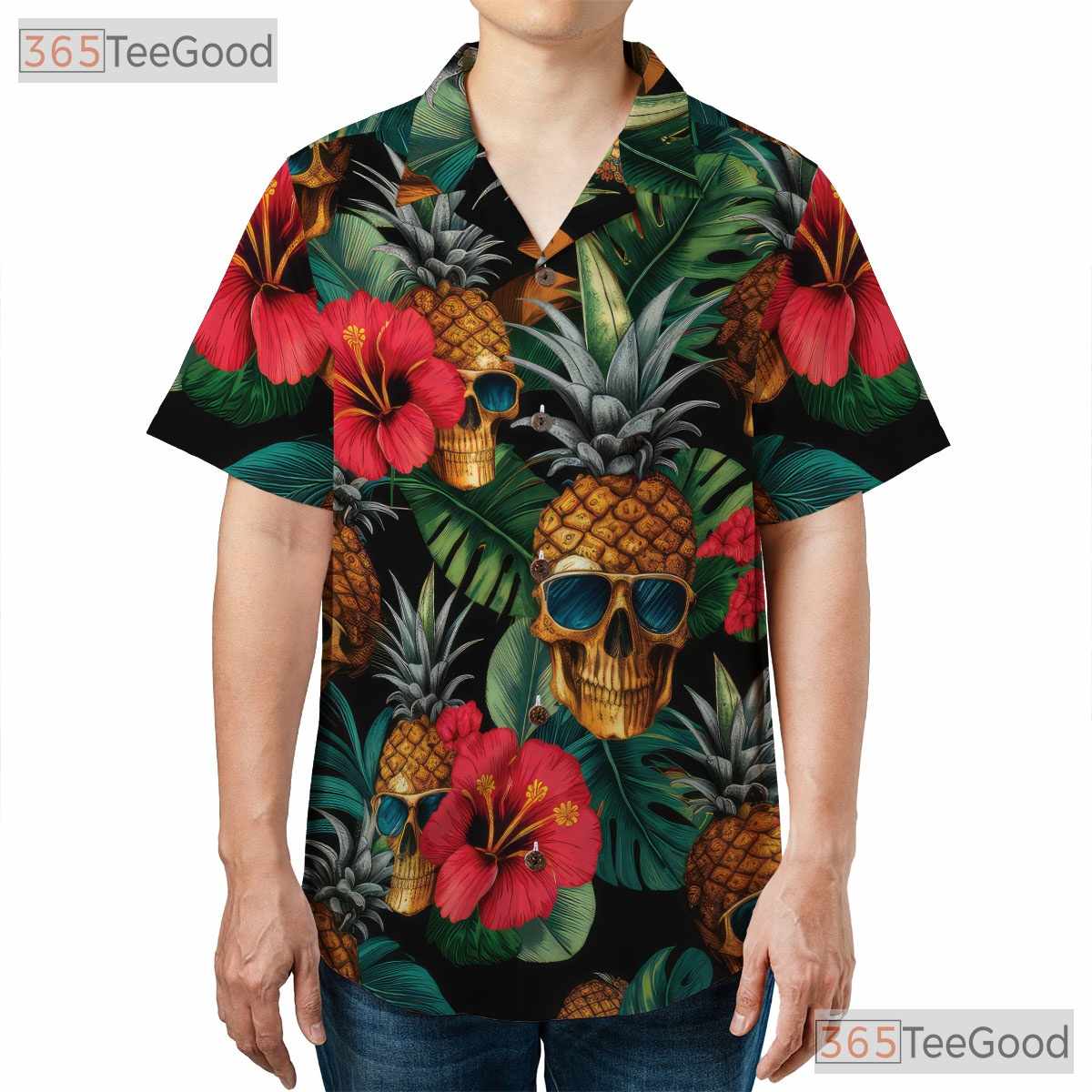 Retro Gothic Pineapple Skull Floral Tropical Aloha Hawaiian Shirt Unisex