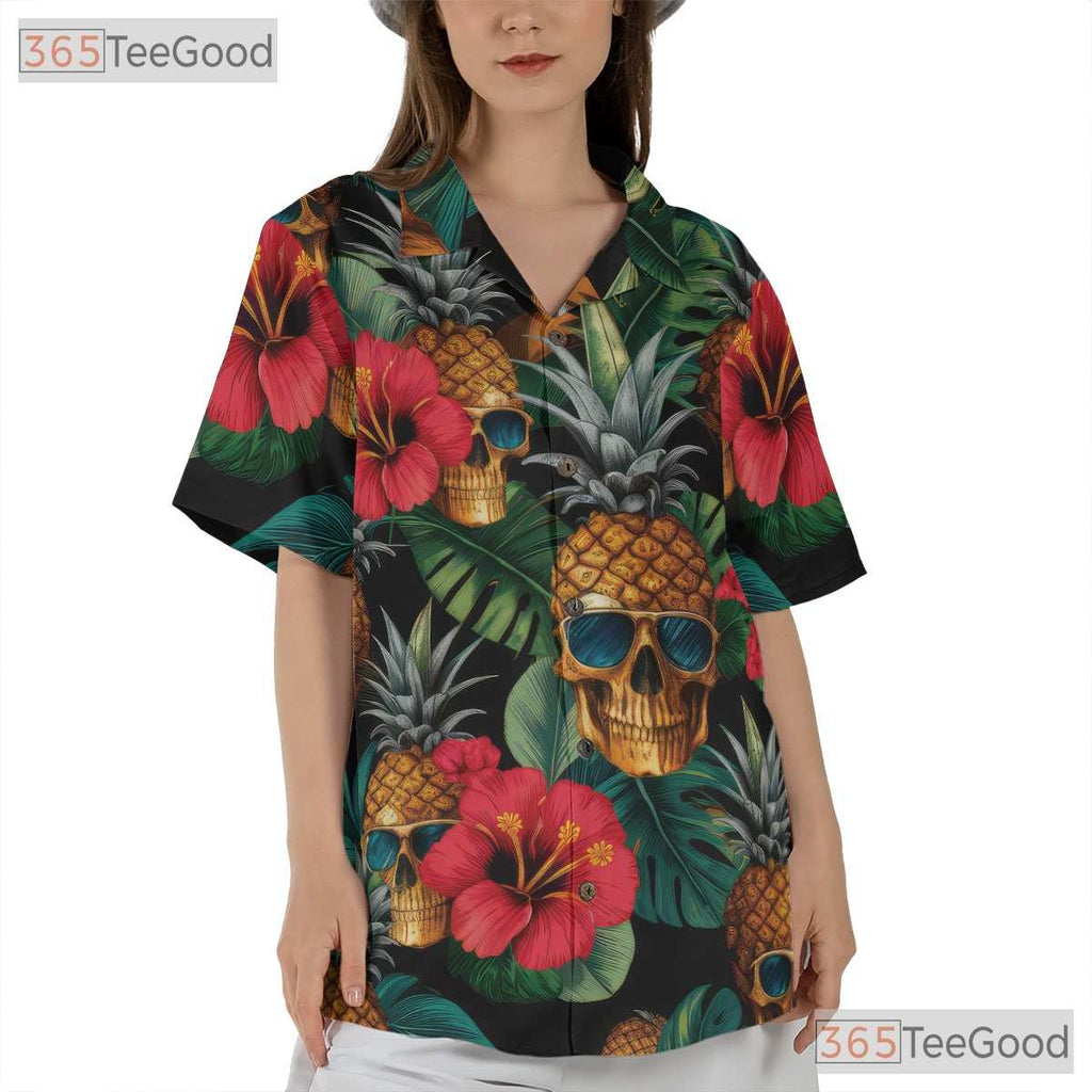 Retro Gothic Pineapple Skull Floral Tropical Aloha Hawaiian Shirt Unisex