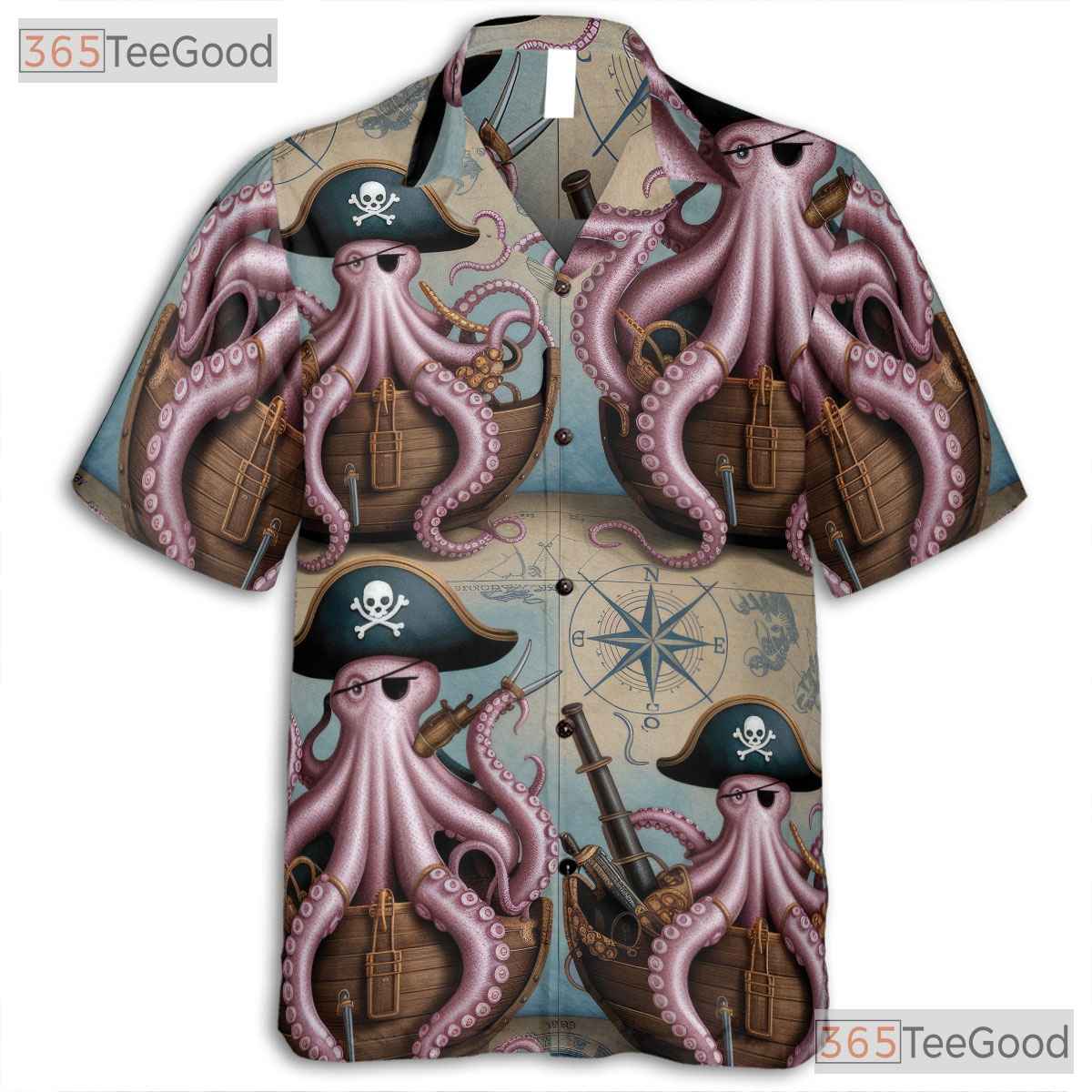 Retro Kraken Nautical Map Hawaiian Shirt- Unisex Pirate Ocean Theme Beach Top