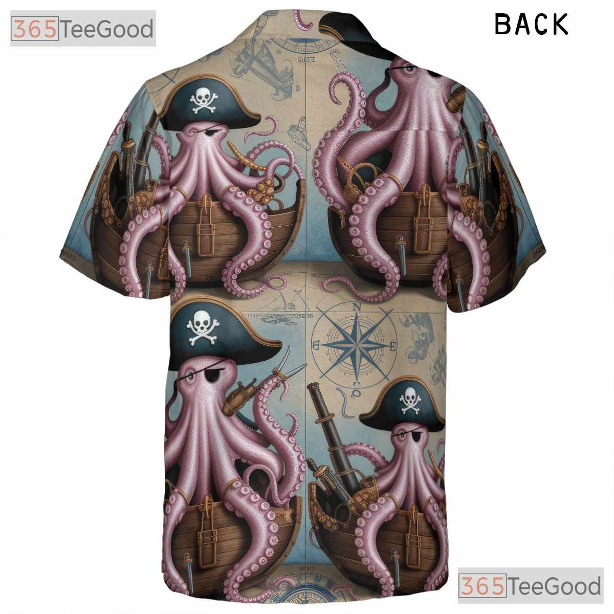 Retro Kraken Nautical Map Hawaiian Shirt- Unisex Pirate Ocean Theme Beach Top