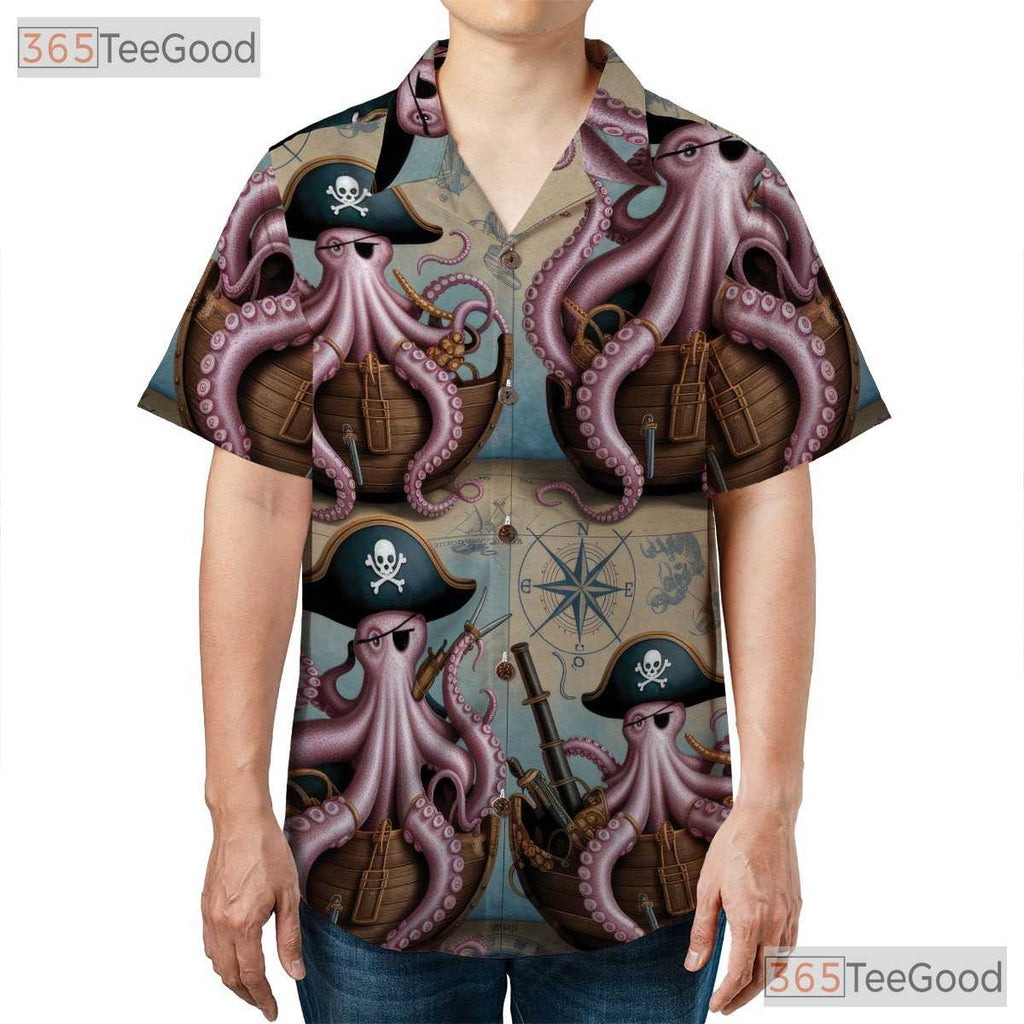 Retro Kraken Nautical Map Hawaiian Shirt- Unisex Pirate Ocean Theme Beach Top