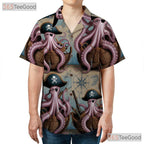 Retro Kraken Nautical Map Hawaiian Shirt- Unisex Pirate Ocean Theme Beach Top