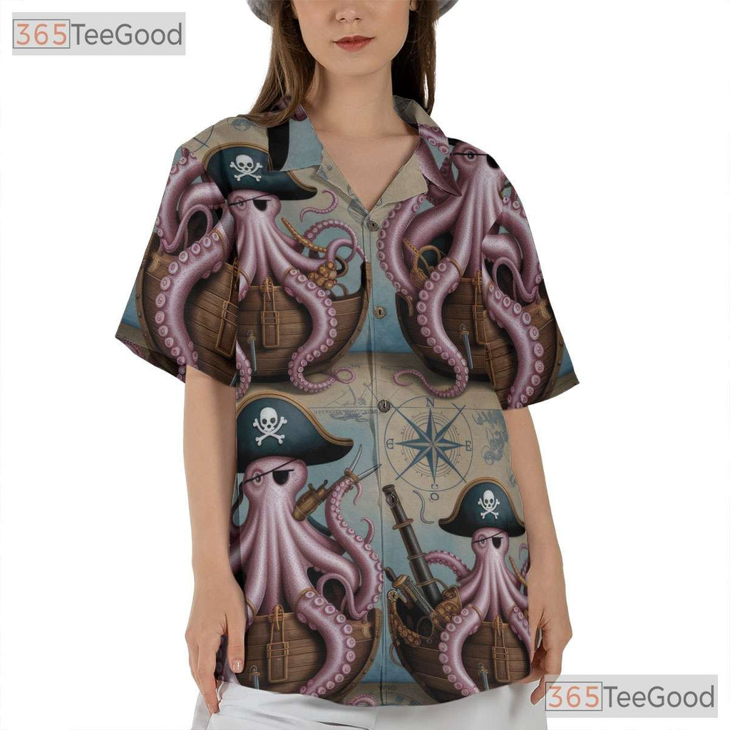 Retro Kraken Nautical Map Hawaiian Shirt- Unisex Pirate Ocean Theme Beach Top