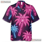 Retro Neon Palm Tree Hawaiian Tee- Unisex Tropical Black Beach Party Apparel