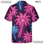 Retro Neon Palm Tree Hawaiian Tee- Unisex Tropical Black Beach Party Apparel