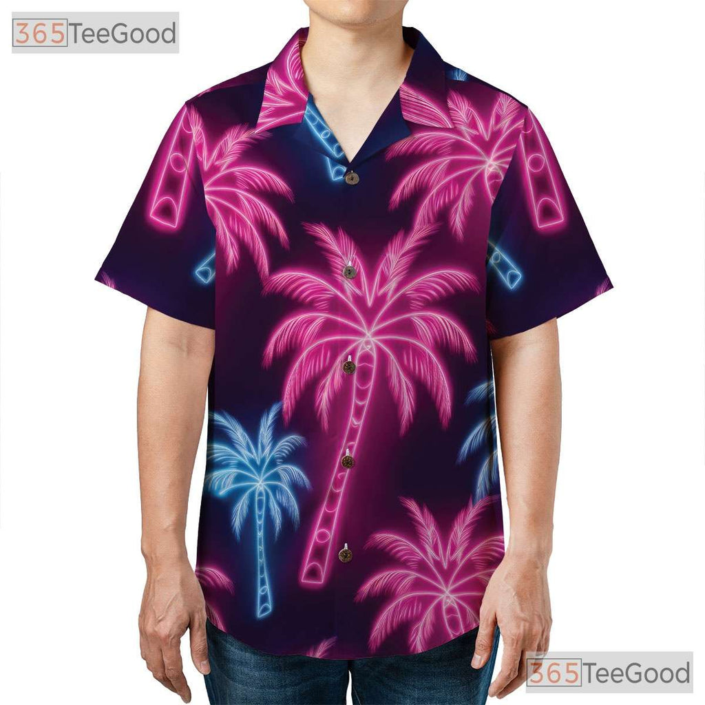 Retro Neon Palm Tree Hawaiian Tee- Unisex Tropical Black Beach Party Apparel