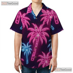 Retro Neon Palm Tree Hawaiian Tee- Unisex Tropical Black Beach Party Apparel