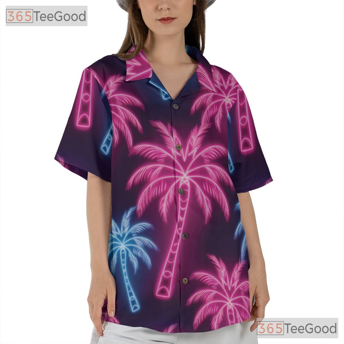 Retro Neon Palm Tree Hawaiian Tee- Unisex Tropical Black Beach Party Apparel
