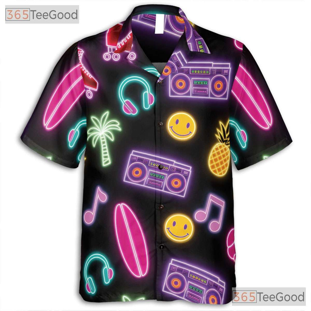 Retro Neon Roller Skate Hawaiian Tee- Unisex Pineapple Palm Music Party Top