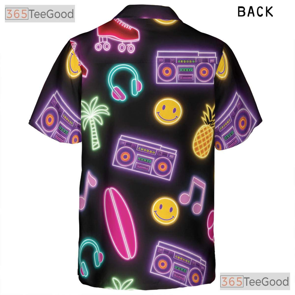 Retro Neon Roller Skate Hawaiian Tee- Unisex Pineapple Palm Music Party Top