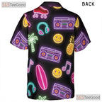 Retro Neon Roller Skate Hawaiian Tee- Unisex Pineapple Palm Music Party Top