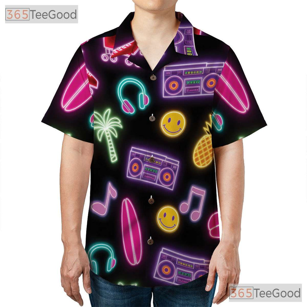Retro Neon Roller Skate Hawaiian Tee- Unisex Pineapple Palm Music Party Top
