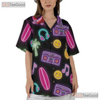 Retro Neon Roller Skate Hawaiian Tee- Unisex Pineapple Palm Music Party Top