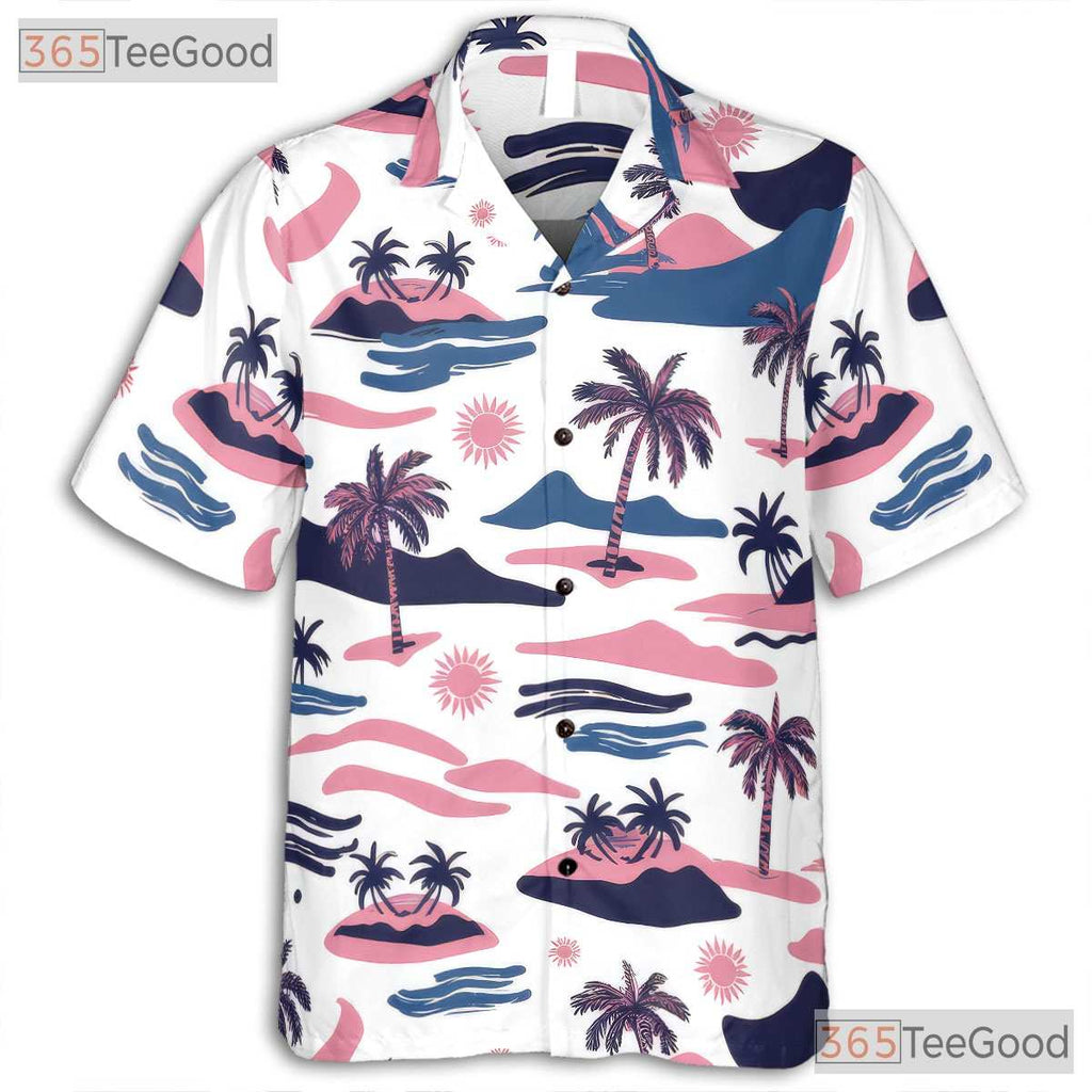 Retro Pink Blue Tropical Palm Tree Beach Print Hawaiian Shirt Unisex Outfit