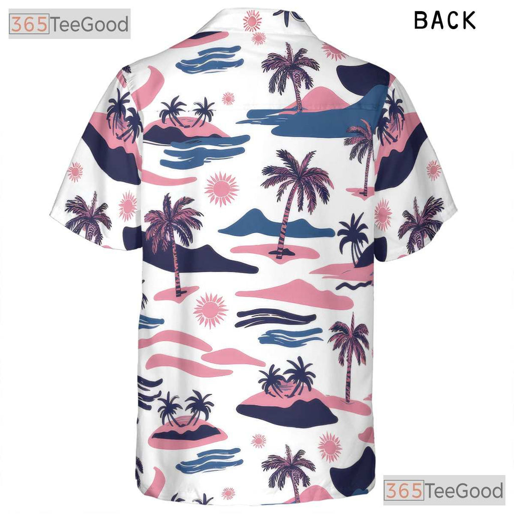 Retro Pink Blue Tropical Palm Tree Beach Print Hawaiian Shirt Unisex Outfit
