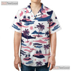 Retro Pink Blue Tropical Palm Tree Beach Print Hawaiian Shirt Unisex Outfit
