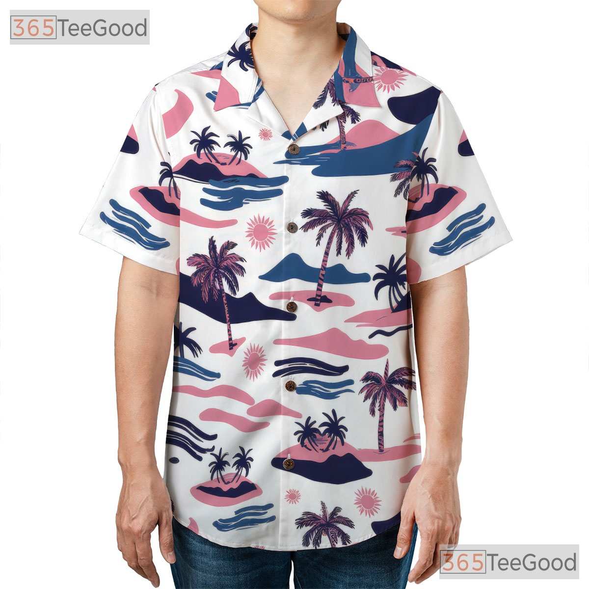 Retro Pink Blue Tropical Palm Tree Beach Print Hawaiian Shirt Unisex Outfit