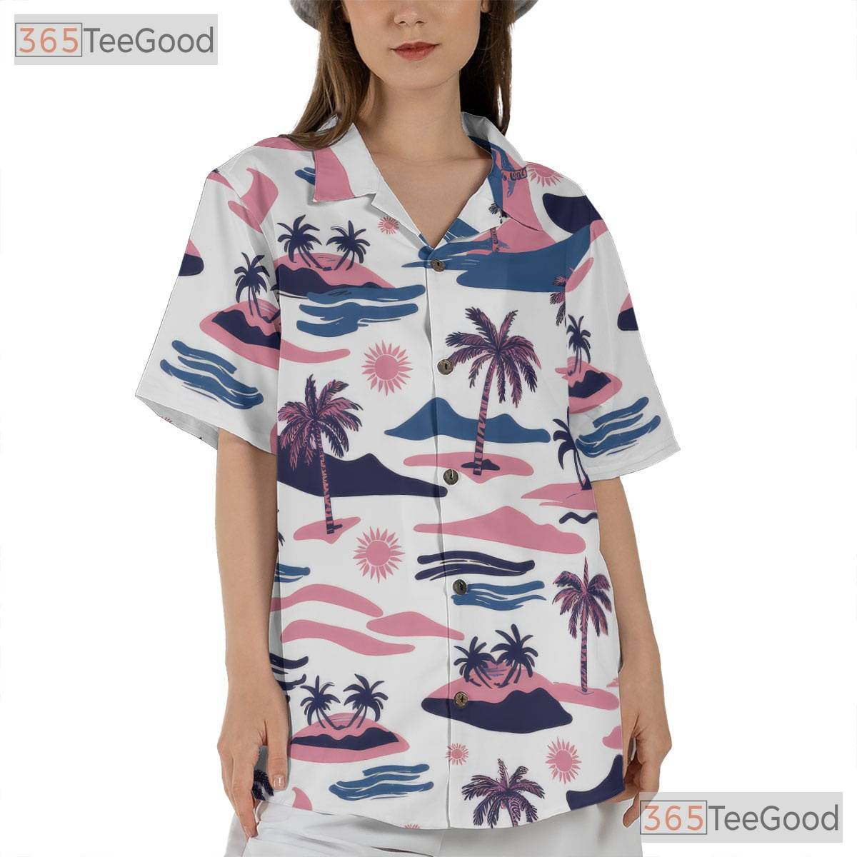 Retro Pink Blue Tropical Palm Tree Beach Print Hawaiian Shirt Unisex Outfit