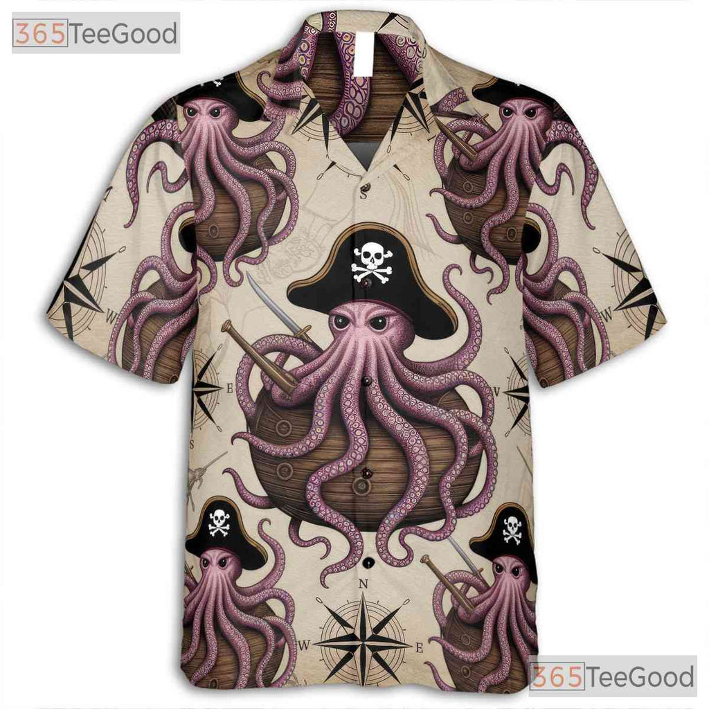 Retro Pirate Octopus Hawaiian Shirt- Unisex Nautical Map Kraken Beach Top