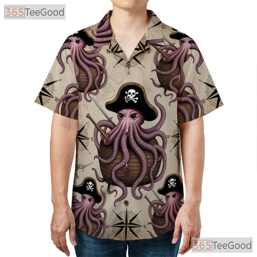 Retro Pirate Octopus Hawaiian Shirt- Unisex Nautical Map Kraken Beach Top