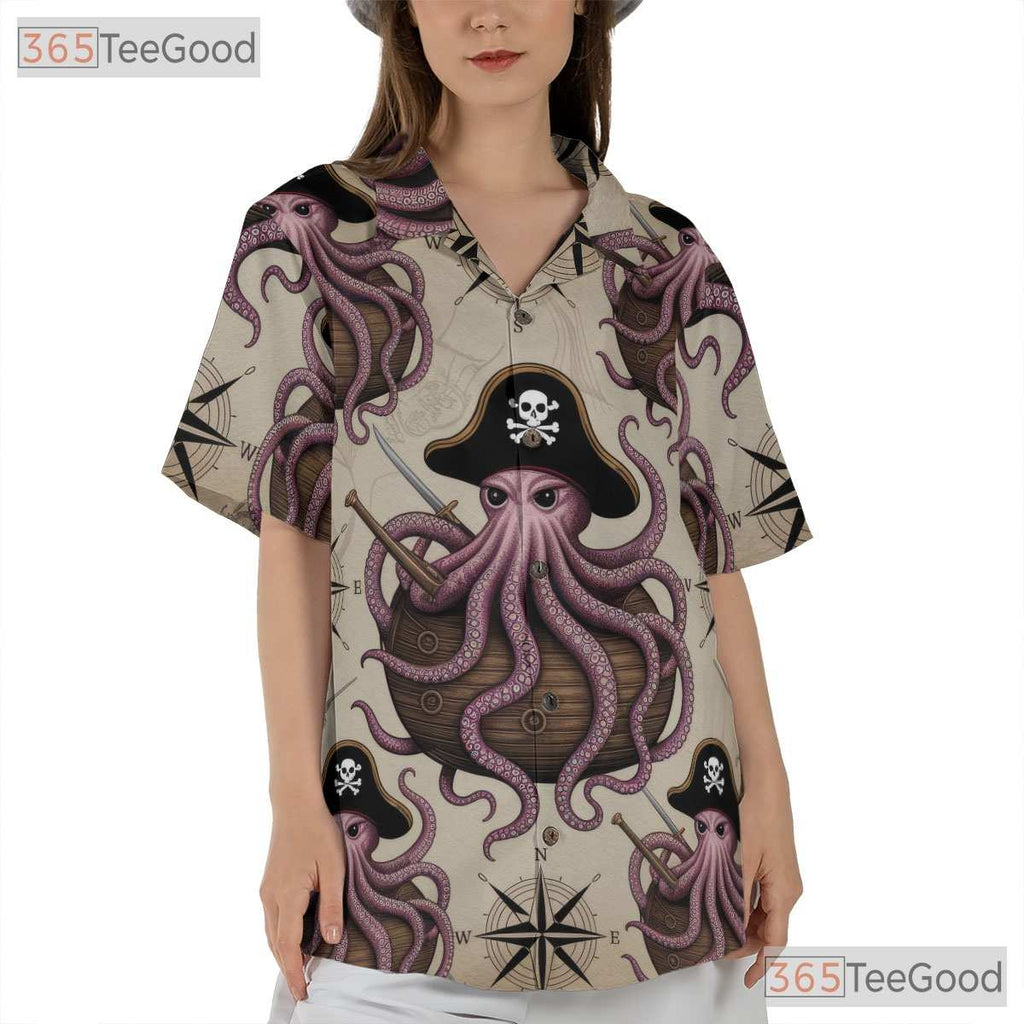 Retro Pirate Octopus Hawaiian Shirt- Unisex Nautical Map Kraken Beach Top