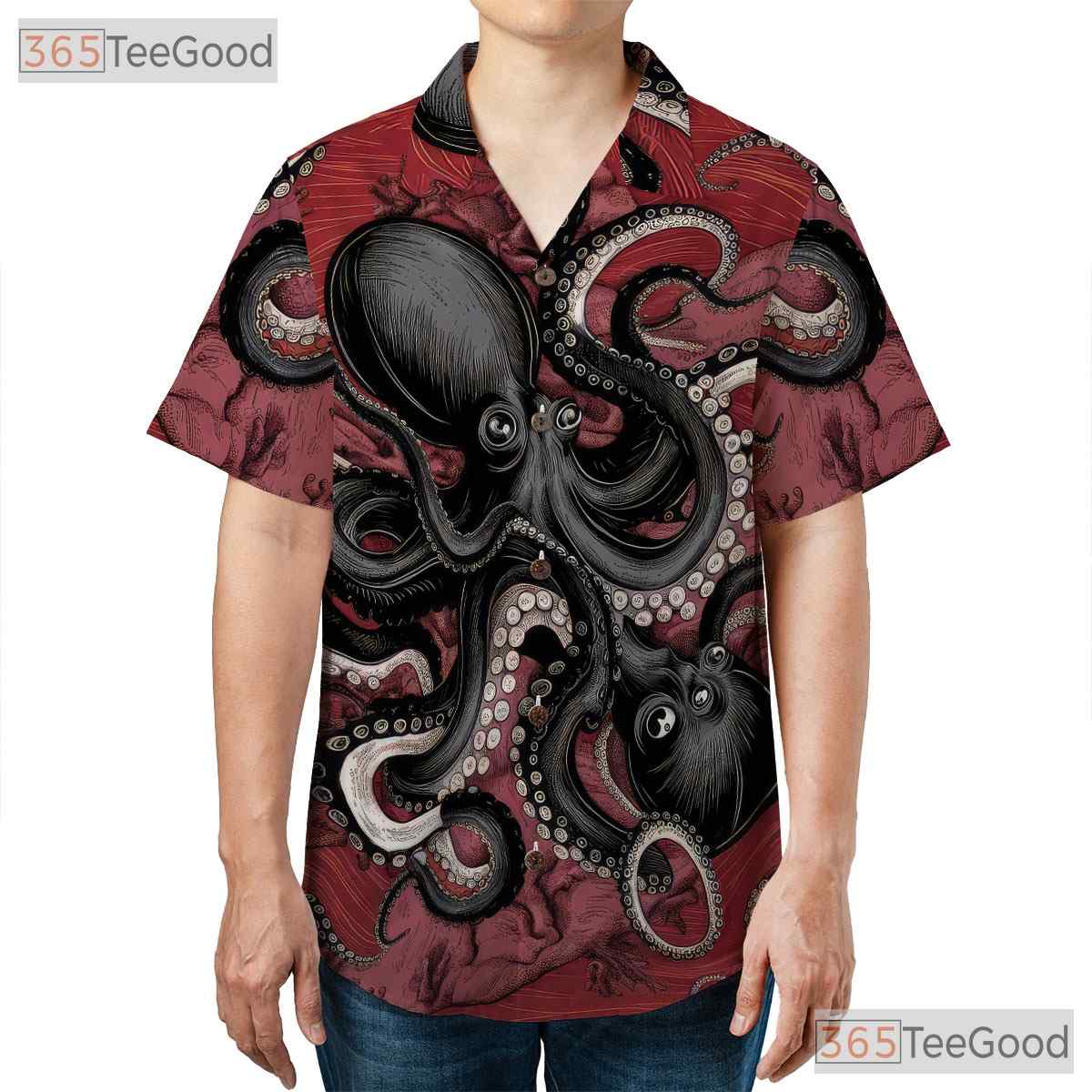 Retro Red Octopus Hawaiian Shirt Unisex Tropical Beach Style