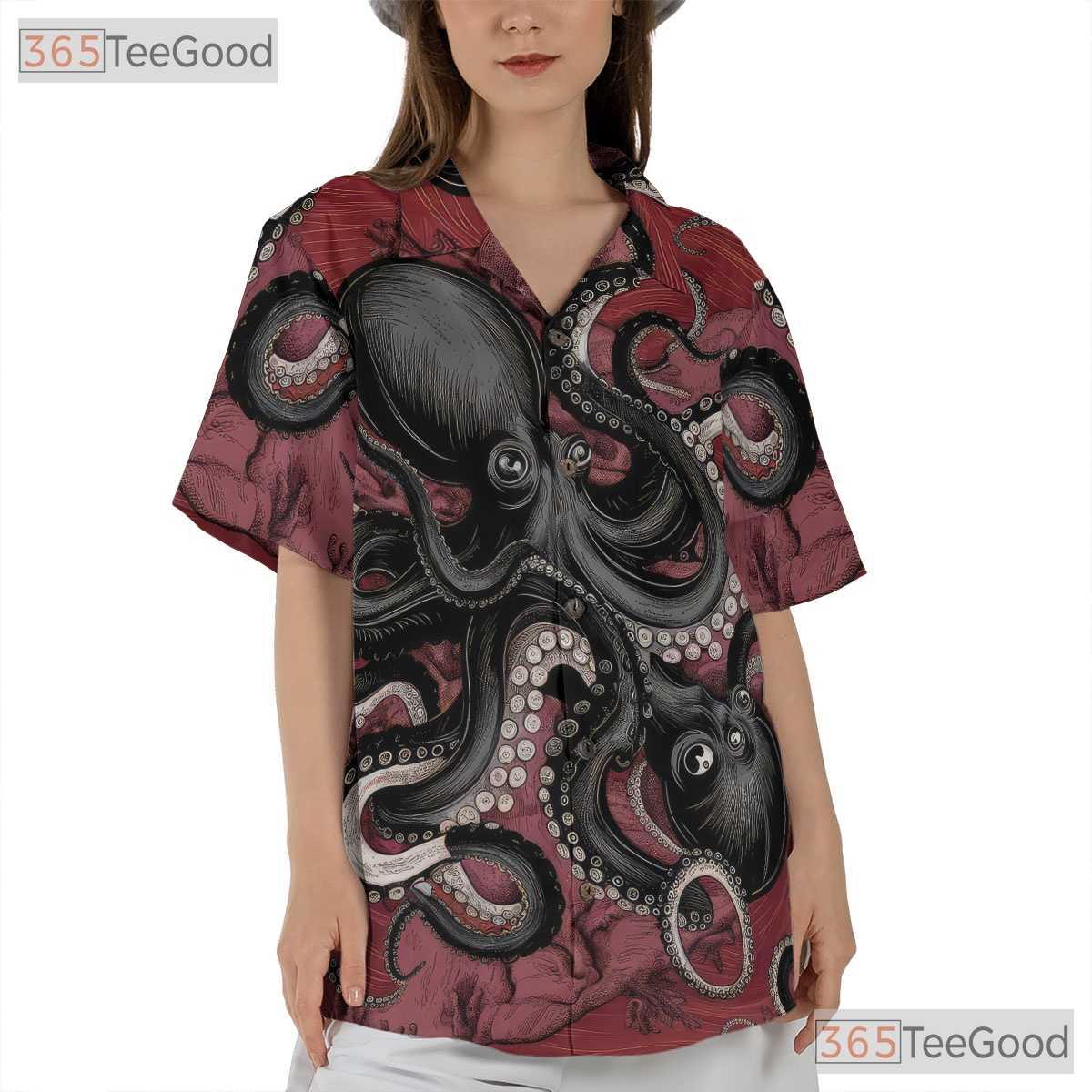 Retro Red Octopus Hawaiian Shirt Unisex Tropical Beach Style