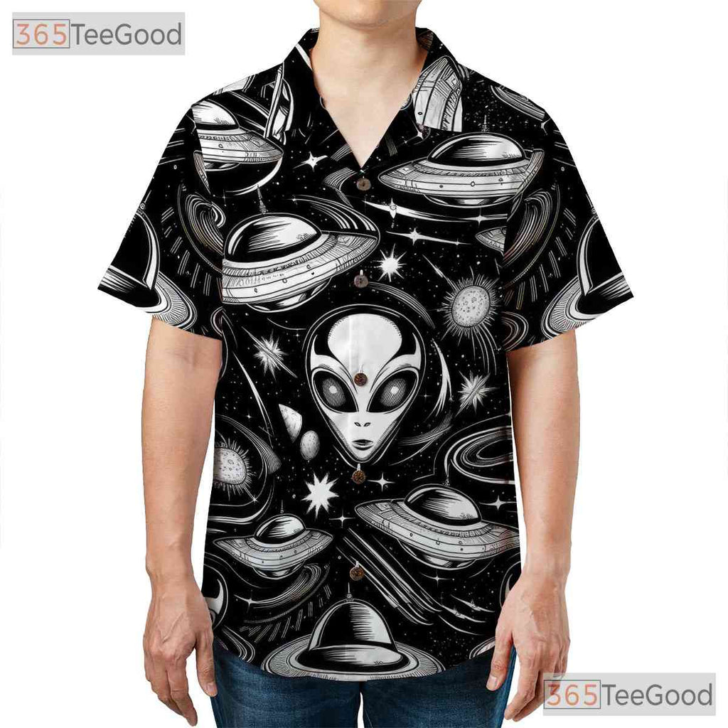 Retro Sci-Fi Alien Space Pattern Hawaiian Shirt Unisex Spaceship Summer Outfit