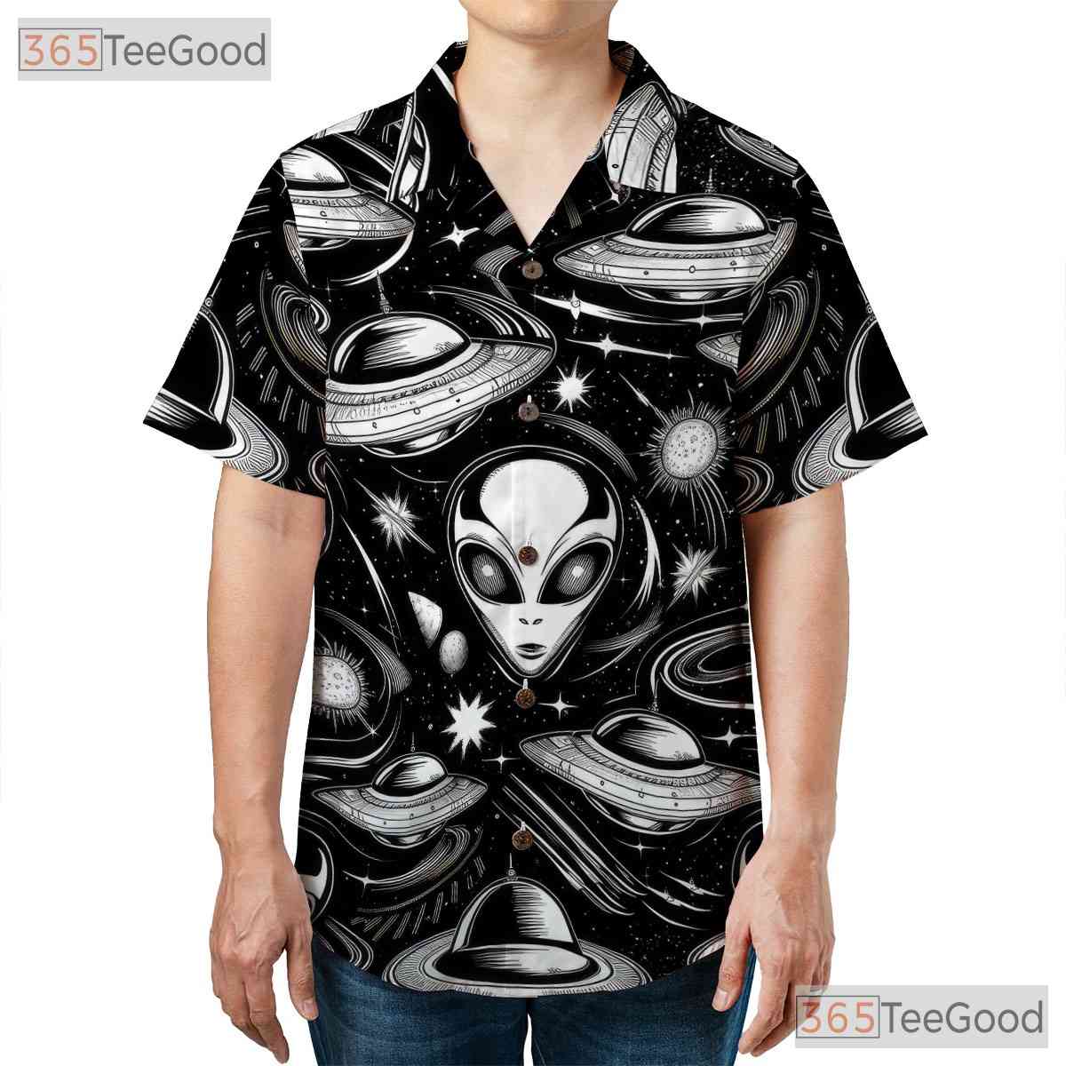 Retro Sci-Fi Alien Space Pattern Hawaiian Shirt Unisex Spaceship Summer Outfit