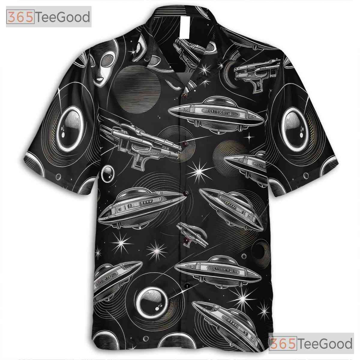 Retro Sci-Fi Alien UFO Spaceship Space Pattern Hawaiian Shirt Unisex Summer Tee